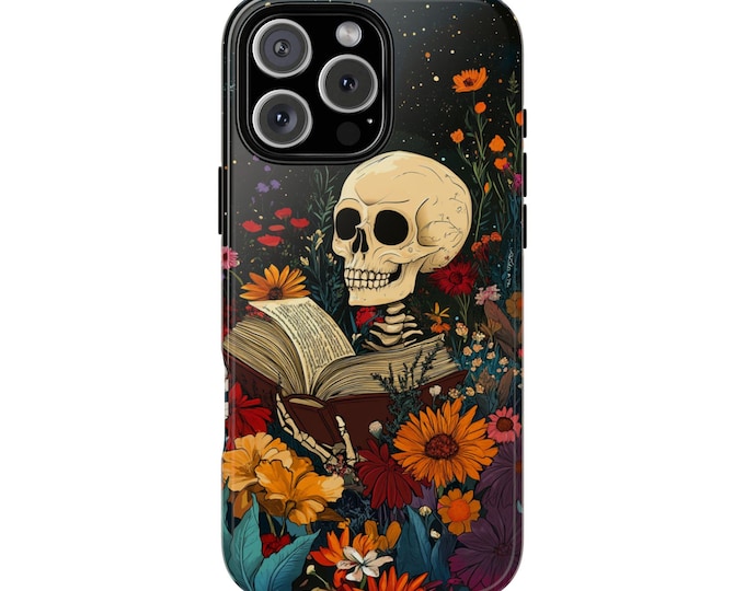 Skull Reading Book Wildflower Field Flower Phone Case: iPhone, Galaxy, Pixel - Lifetime Warranty