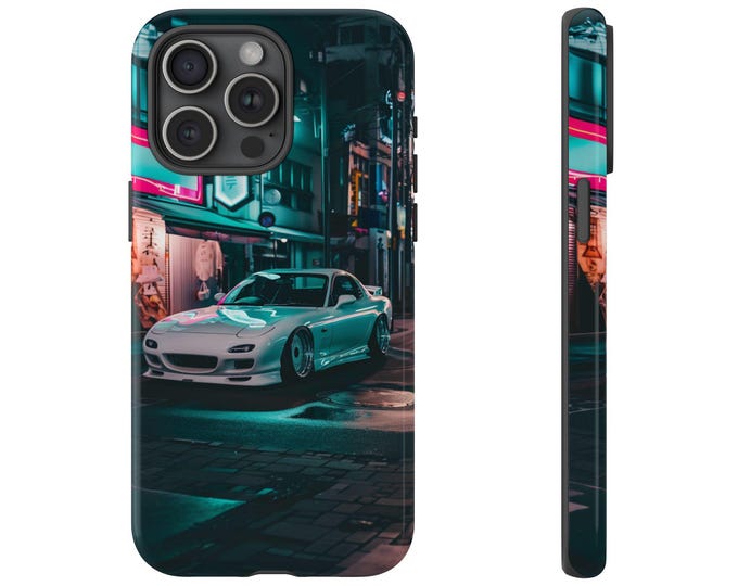 White RX-7 Tokyo Night City Alley Car Drifting Phone Case: iPhone, Galaxy, Pixel - Lifetime Warranty