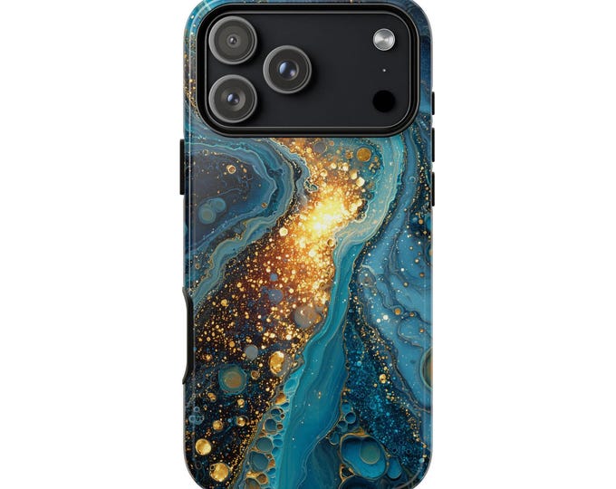 Glowing Gold River Teal Marble Phone Case: iPhone, Galaxy, Pixel - Lifetime Warranty