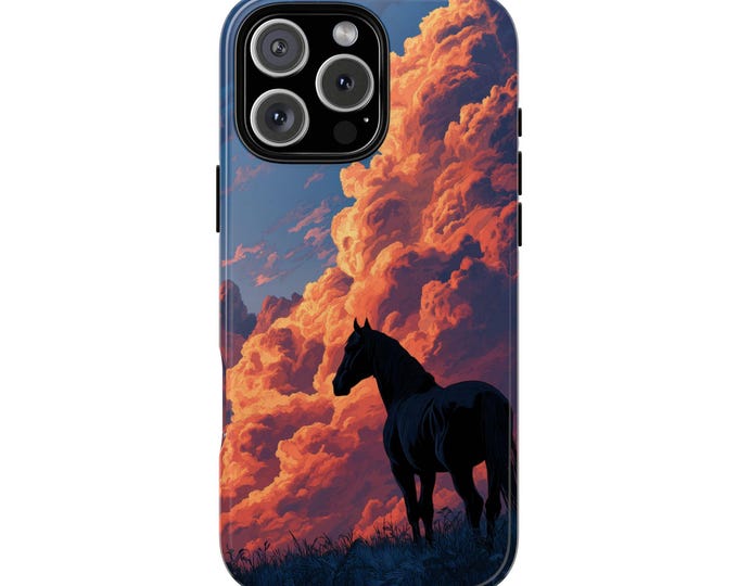 Black Horse Sunset Clouds Mustang Painting Phone Case: iPhone, Galaxy, Pixel - MagSafe Compatible
