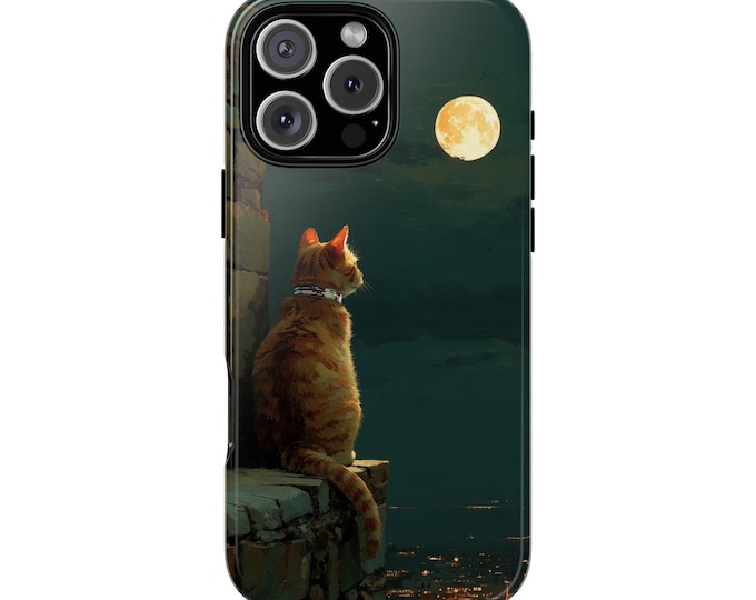 Orange Cat City Lights Moon Kitty Phone Case: iPhone, Galaxy, Pixel - Lifetime Warranty