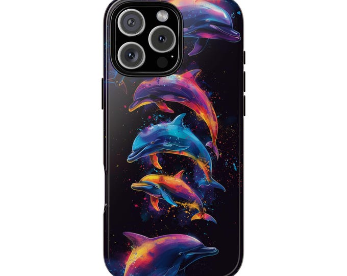 Rainbow Dolphin Pod Abstract - Tough Phone Case: iPhone, Galaxy, Pixel - Lifetime Warranty
