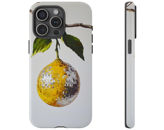 Yellow Lemon Disco Ball Phone Case | iPhone, Samsung Galaxy, Pixel | Oil Painting Lemonade Tree Branch Shiny Abstract Design Tough Cover