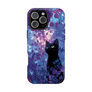 Black Cat Purple Leaves Stained Glass - Phone Case for iPhone 16 16e 15 14 13 12 11 Pro Max Samsung Galaxy S25 S24 S23 S22 Pixel 9 9a
