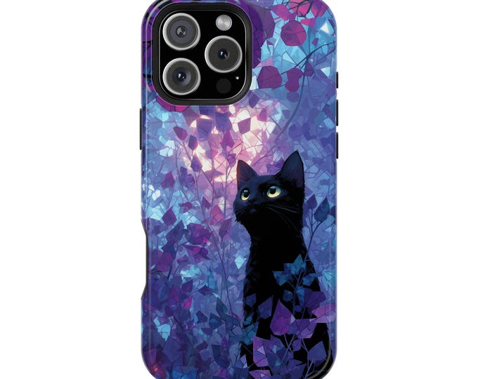 Black Cat Purple Leaves Stained Glass Phone Case: iPhone, Galaxy, Pixel - Lifetime Warranty