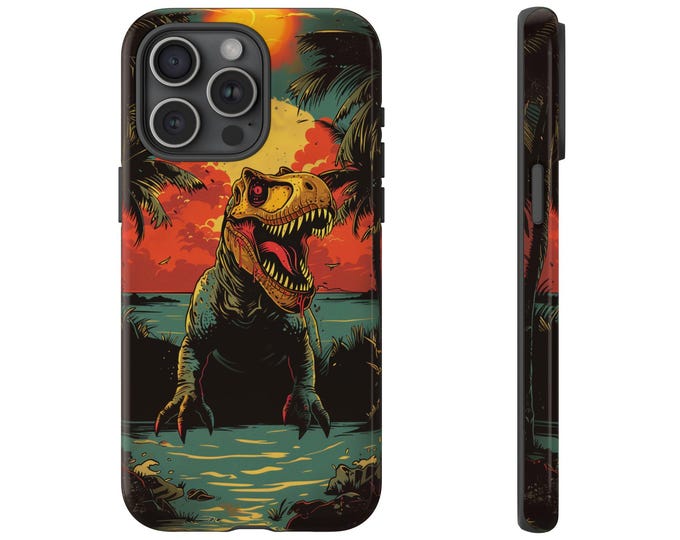 Retro Dinosaur Beach Poster Phone Case: iPhone, Galaxy, Pixel - Lifetime Warranty