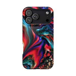 May include: A smartphone case featuring a vibrant, abstract fluid art design with swirling patterns of deep red, bright blue, purple, and black. The back of the case displays a glossy finish with a textured, marbled effect and a triple camera cutout.
