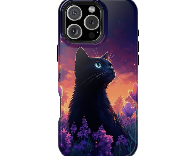 Black Cat Lavender Purple Tulip Flowers Phone Case: iPhone, Galaxy, Pixel - Lifetime Warranty