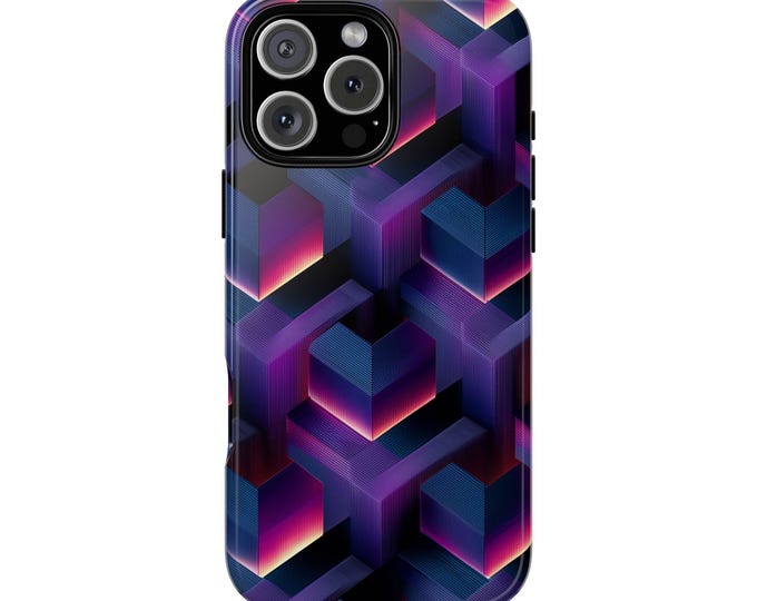 Neon Lit Geometric Cube Purple Grid Pattern Phone Case: iPhone, Galaxy, Pixel - Lifetime Warranty
