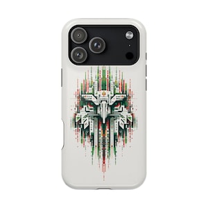 May include: A white smartphone case featuring a centered, vertical graphic design of an eagle head composed of geometric, pixelated lines in shades of dark green, red, and black, with sharp, angular features and a symmetrical, abstract appearance.