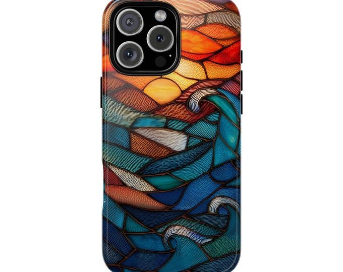 Ocean Sunset Stained Glass Mosaic Sea Waves Phone Case: iPhone, Galaxy, Pixel - MagSafe Compatible