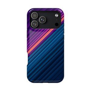 May include: A smartphone case featuring a diagonal striped pattern in shades of deep blue, purple, and bright orange. The design covers the back of the case, which includes a black rectangular camera module with three circular lenses and a flash.