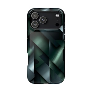 May include: A rectangular smartphone case featuring a dark, abstract geometric pattern of overlapping deep green and black metallic-looking shards. The upper section includes a black camera module cutout with three circular lens openings.