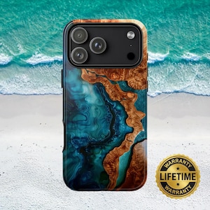 May include: A smartphone case featuring a swirling blue and teal resin design integrated with natural brown wood grain patterns. The case has a black camera module cutout with three circular lenses and a flash. A gold circular seal reads LIFETIME WARRANTY.