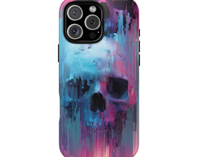 Glitch Skull Pink Blue Abstract Phone Case: iPhone, Galaxy, Pixel - Lifetime Warranty