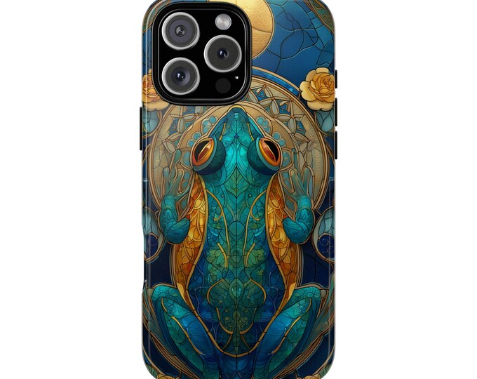 Turquoise Frog Stained Glass Glowing Artwork Phone Case: iPhone, Galaxy, Pixel - MagSafe Compatible