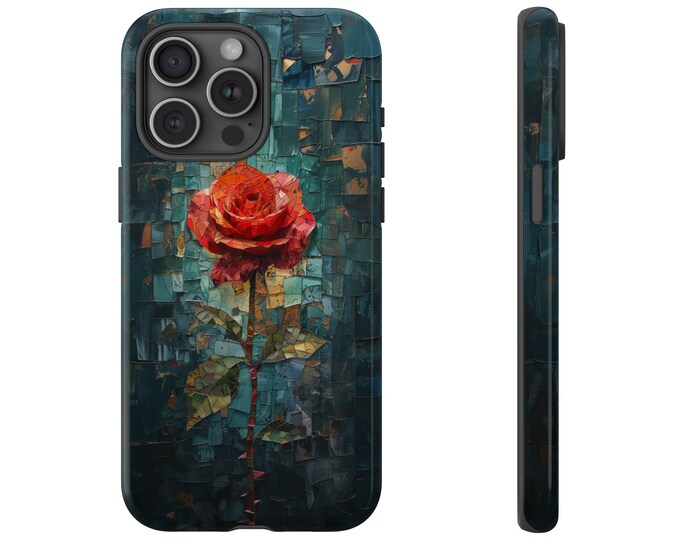 Red Rose Stained Glass on Dark Blue Phone Case: iPhone, Galaxy, Pixel - Lifetime Warranty