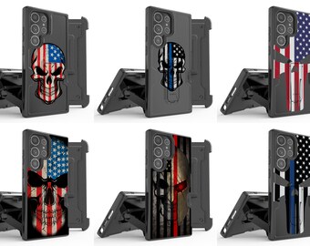 Heavy Duty Construction Cover Belt Holster Clip Case for Galaxy S23, S23 Plus, S23 Ultra - American USA Skull Design