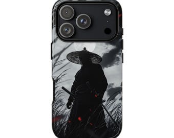 May include: A black smartphone case featuring a monochromatic graphic of a silhouetted figure wearing a wide-brimmed conical hat and traditional robes. The figure stands in a field of tall grass under a full moon with subtle red accents on the sword.
