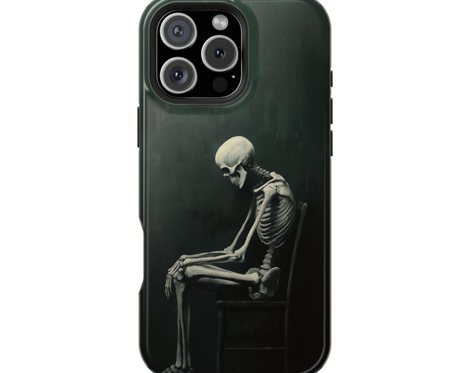 Skeleton Sitting on Chair Oil Painting Phone Case: iPhone, Galaxy, Pixel - MagSafe Compatible