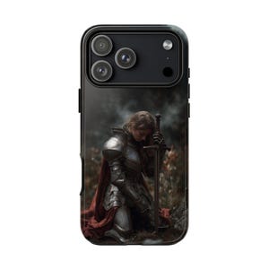 Knightess Girl Warrior Kneeling Armor Sword Phone Case: iPhone 17 17e 16e 16 15 14 13, Samsung Galaxy S26 S25 S24, Google Pixel 10