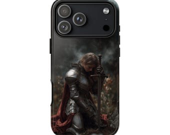 Phone Ink • Knightess Girl Warrior Kneeling Armor Sword Case for iPhone Galaxy Pixel • Wireless Charging • Personalized • Protective Cover