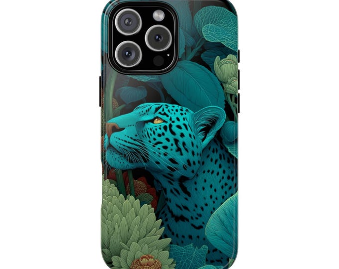 Teal Blue Leopard Jungle Lush Oasis Flower Phone Case: Tough Cover for iPhone (MagSafe Compatible), Samsung Galaxy, Pixel