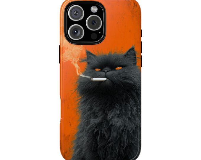 Fluffy Black Cat Smoking Cigarette Phone Case: iPhone, Galaxy, Pixel - Lifetime Warranty