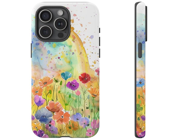 Phone Case for Galaxy, iPhone, Pixel | Rainbow Garden Vibrant Watercolor Floral Splash Artwork Painting | Dual Layer Tough Cover Protector