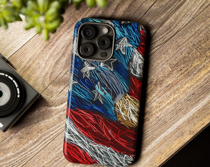 Phone Case for Galaxy, iPhone, Pixel | Abstract USA American Flag Electric Lines Scratch-Art Style Design | Dual Tough Cover Protector