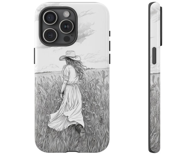 Phone Case for Galaxy, iPhone, Pixel | Cowgirl Woman in Field with Beautiful Dress Black and White Drawing | Dual Layer Tough Cover