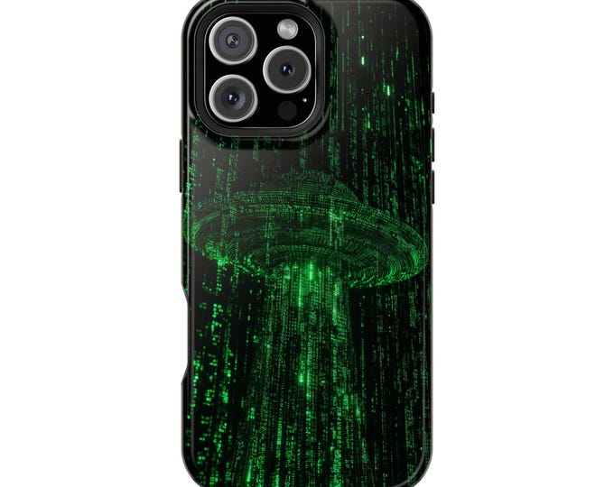 Green Matrix UFO Spaceship Code Phone Case: iPhone, Galaxy, Pixel - Lifetime Warranty