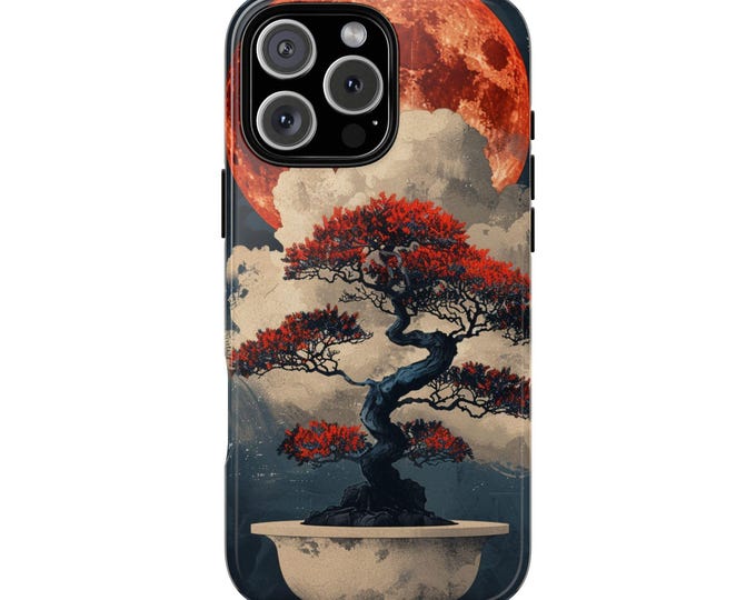 Bonsai Tree Orange Moon Clouds Botanical Phone Case: iPhone, Galaxy, Pixel - Lifetime Warranty