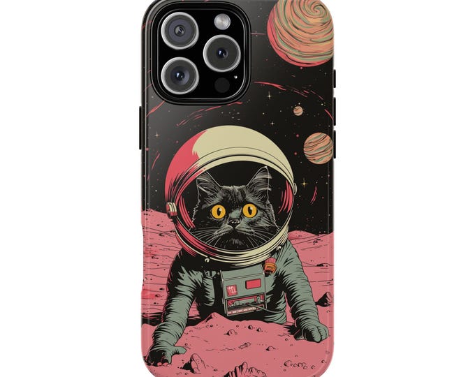 Astronaut Cat Space Kitty Pink Retro Phone Case: iPhone, Galaxy, Pixel - Lifetime Warranty