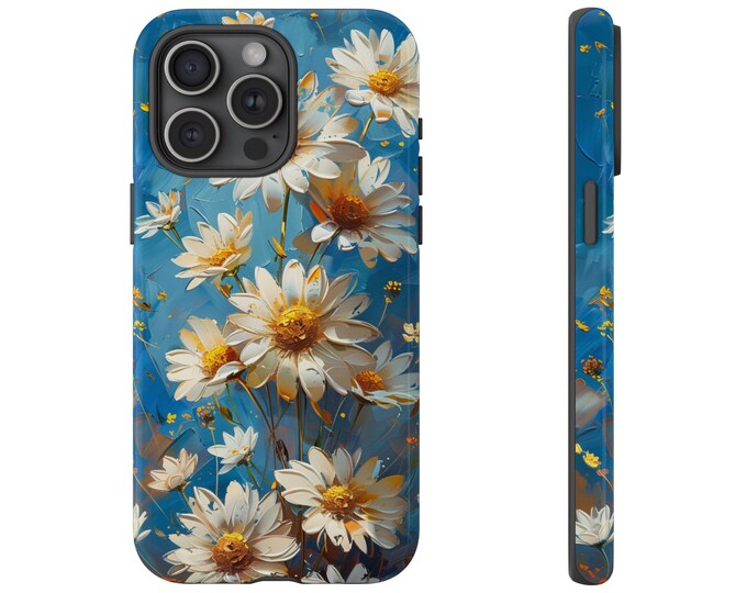 Spring Daisy Flower Oil Painting Floral on Blue Phone Case: iPhone, Galaxy, Pixel - Lifetime Warranty