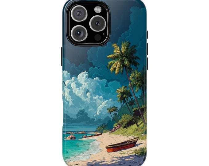 Tropic Twilight Cloudy Ocean Beach Palm Trees Boat Phone Case: iPhone, Galaxy, Pixel - Lifetime Warranty
