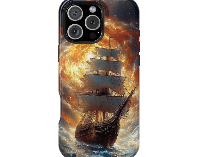 Old Sailing Ship Turbulent Ocean Waves Cosmic Clouds Phone Case: iPhone, Galaxy, Pixel - Lifetime Warranty