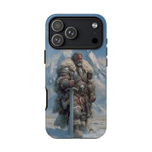 May include: Blue phone case featuring a detailed illustration of a warrior in armor, holding a sword. The warrior is set against a snowy landscape with mountains in the background. The case has a glossy finish.