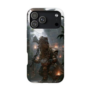 May include: A smartphone case featuring a graphic illustration of a reptilian creature wearing ornate armor and a skull necklace, holding a large axe. The background depicts a stone temple structure with glowing torches and lush tropical foliage.