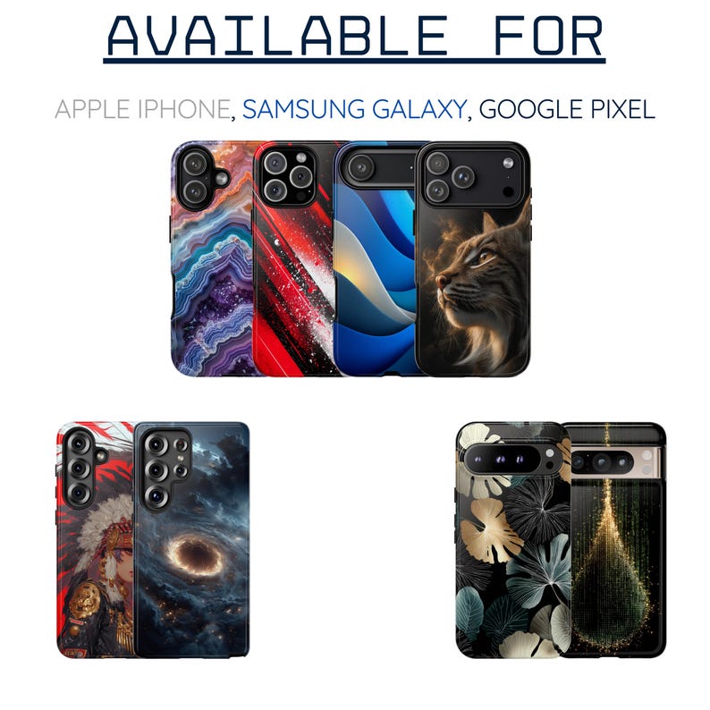 a collection of phone cases for various smartphone models, including an iPhone, Samsung Galaxy, and Google Pixel.