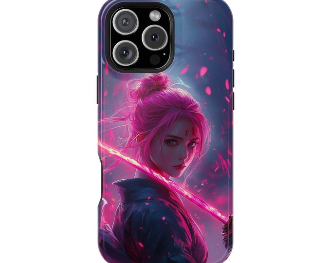 Samurai Girl Pink Glowing Katana Ninja Phone Case: iPhone, Galaxy, Pixel - Lifetime Warranty