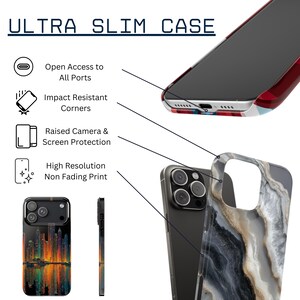 The image is an advertisement for a slim case designed for smartphones. It features a close-up view of the case and a smartphone, highlighting the case's features such as its open access to all ports, impact-resistant corners, raised camera, and screen protection. The case also has a high resolution non-fading print, making it a visually appealing and durable option for smartphone users.