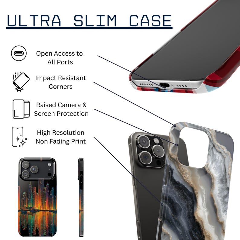 The image is an advertisement for a slim case designed for smartphones. It features a close-up view of the case and a smartphone, highlighting the case's features such as its open access to all ports, impact-resistant corners, raised camera, and screen protection. The case also has a high resolution non-fading print, making it a visually appealing and durable option for smartphone users.