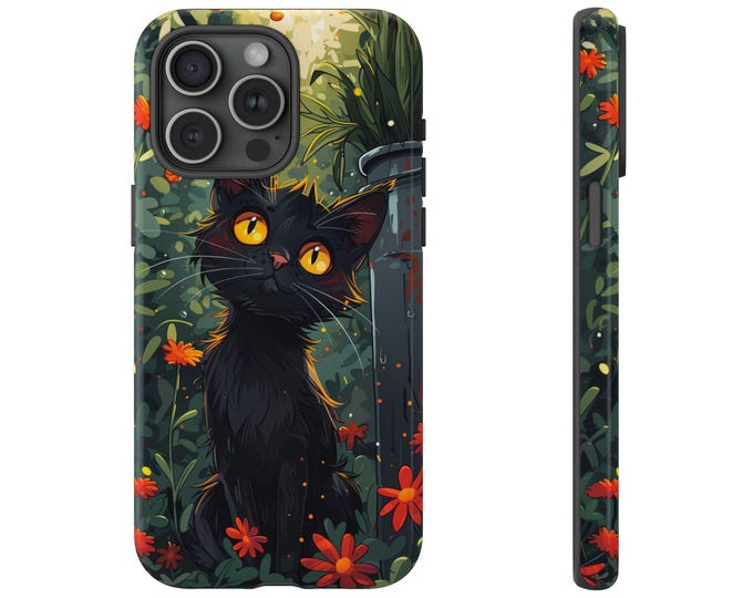 Black Cat Red Flower Garden Anime Cover Phone Case: iPhone, Galaxy, Pixel - Lifetime Warranty