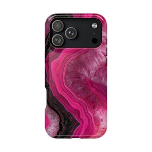 May include: A smartphone case featuring a vibrant pink and black agate stone pattern. The design displays concentric, wavy bands of deep magenta, bright fuchsia, and dark charcoal, mimicking the natural crystalline structure of sliced agate.