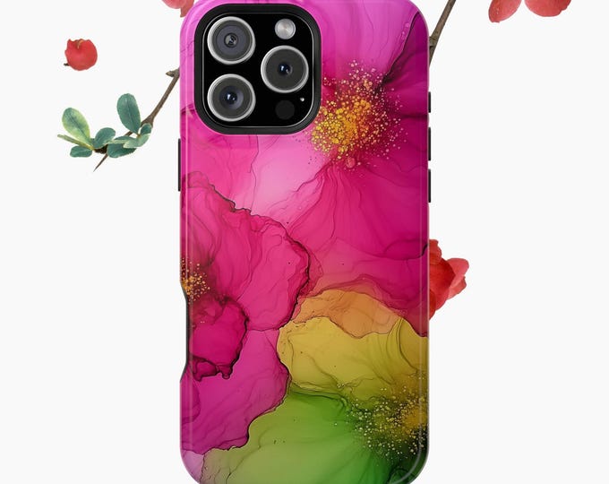 Hot Pink Green Alcohol Water Ink Floral Phone Case for iPhone | Samsung Galaxy | Google Pixel