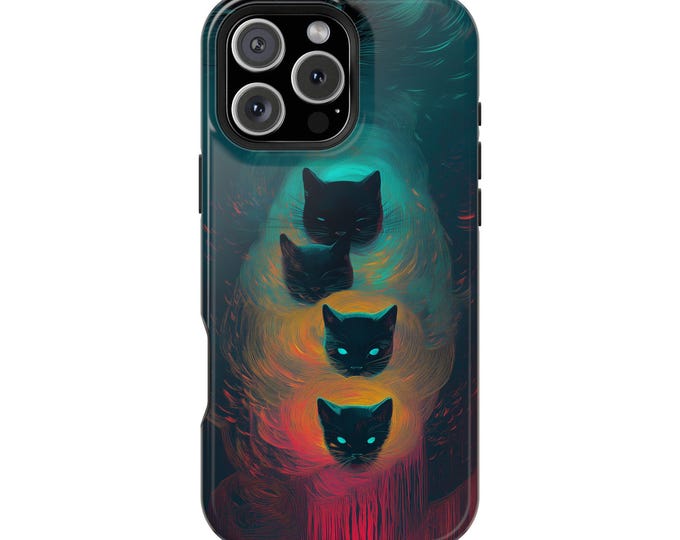 Cat Vortex Glow Glowing Eyes Teal Red Artwork Feline Phone Case: iPhone, Galaxy, Pixel - Lifetime Warranty