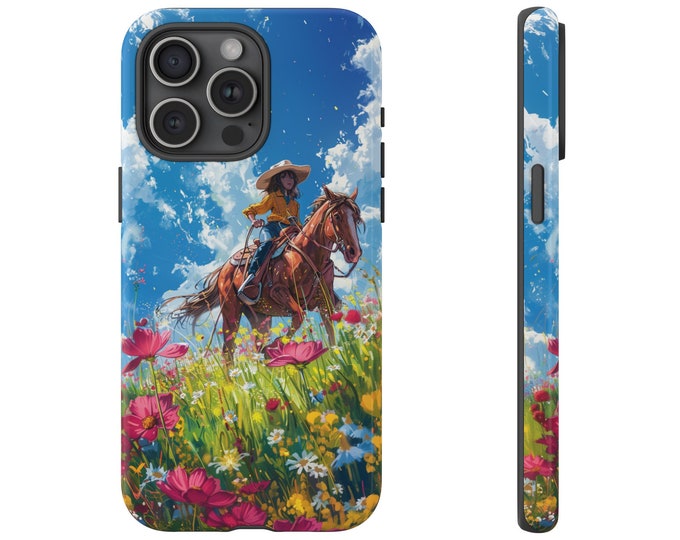 Phone Case for Galaxy S25 S24 S22, Pixel 8 7, iPhone 15 14 13 12 11 Pro Max Tough Cover | Watercolor Cowgirl on Horse Flower Field