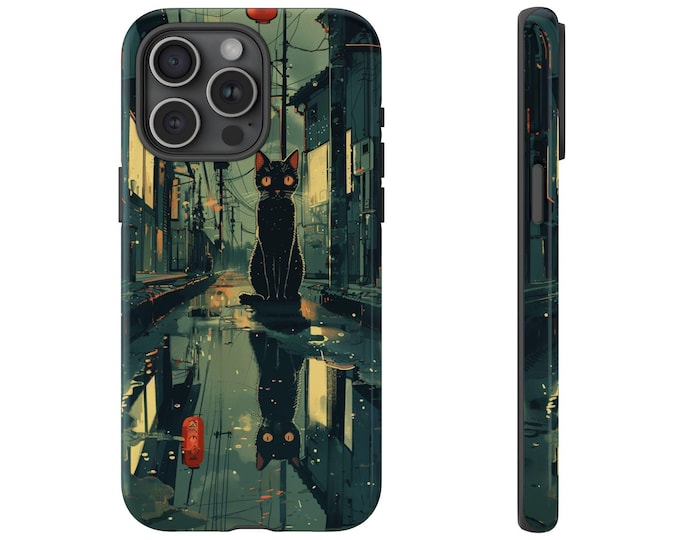 Black Cat Rainy Alley Reflection Phone Case: iPhone, Galaxy, Pixel - Lifetime Warranty