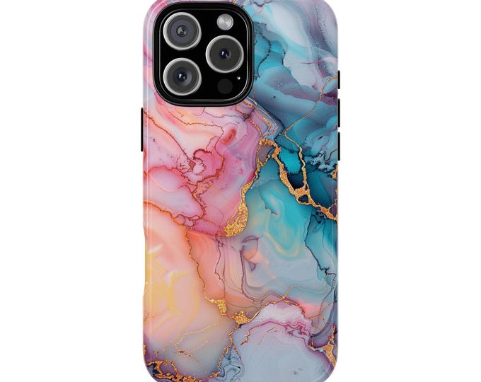 Pink Teal Marble Gold Veins Phone Case: iPhone, Galaxy, Pixel - Lifetime Warranty